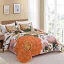 DJY Boho Floral Quilt Set Queen Size 3 Piece, Botanical Reversible Farmhouse Bedspread Coverlet White and Orange Floral Bedding Soft Microfiber Summer Quilt Bedding Set All Season (96''x90'')