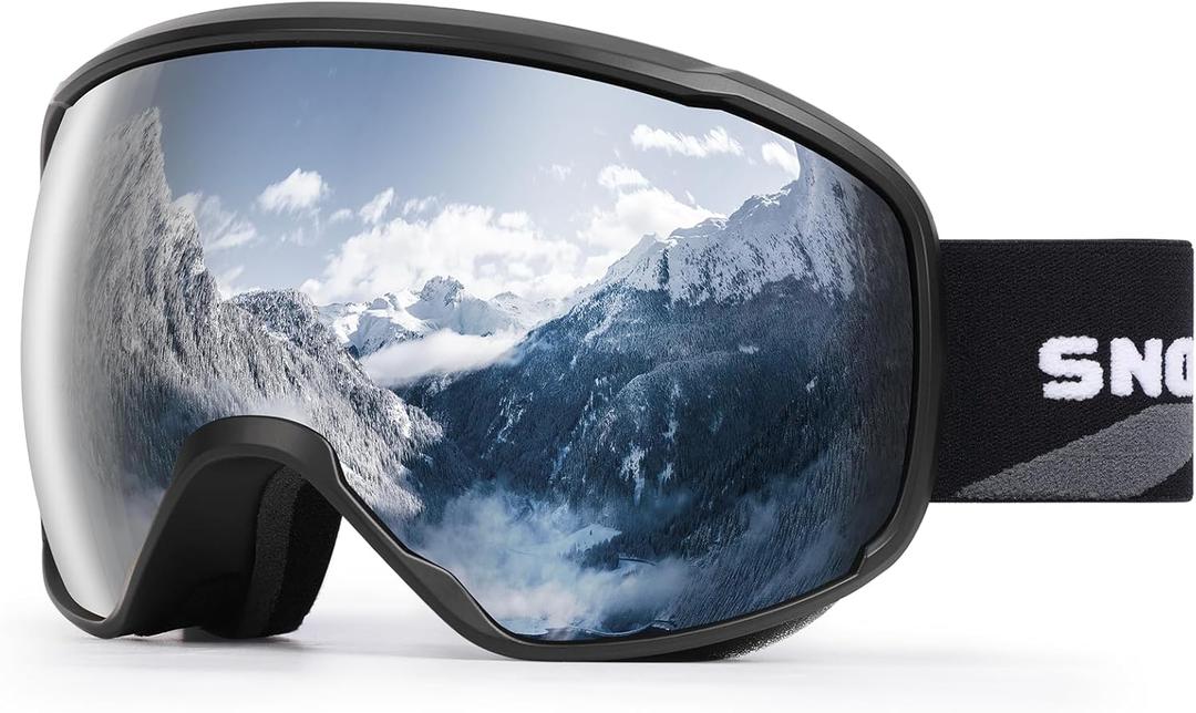 SNOWER Ski Goggles, Spherical OTG Anti-Fog Snow Goggles, HD Snowboard Goggles with UV400 Protection for Men, Women, and Youth (One Size, A1-vlt 10% Black Frame Silver)