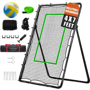 Volleyball Rebounder Net with Volleyball, Bungee Cords,Carry Bag and Neon Target, 5 Adjustable Angles Bounce Back Net for Volley Ball,Baseball,Improve Skills (4x7ft)