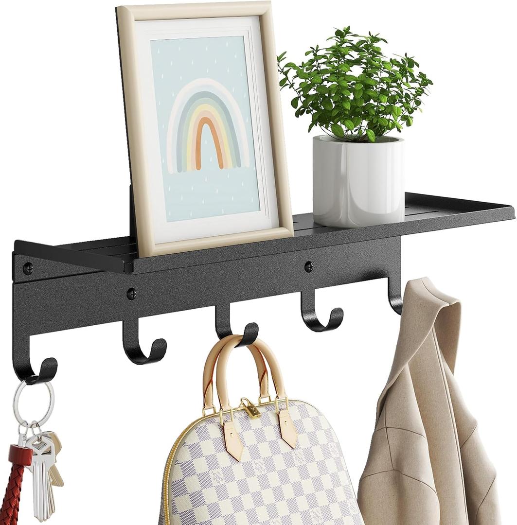 Bethom Wall Shelf with Hooks, Metal Coat Rack Wall Mounted with 5 Hooks, 17 Inch Clothes Hooks Entryway Coat Hangers Storage Clothes, Bags, Purse, Keys for Living Room, Bedroom, Black