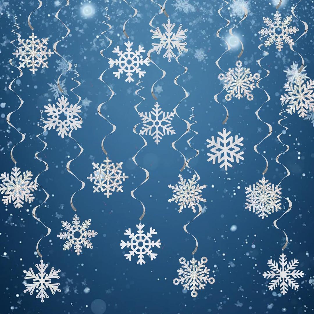 24Pcs Frozen Colorful Snowflake Hanging Swirl Decorations, Winter Ceiling Streamers Iridescent Snowflakes Ornament for Wonderland Party Decorations, New Year Birthday Christmas Party Decor (White)