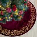 60-Inch Victorian Velvet Christmas Tree Skirt with Gold Damask Embroidery and Plush Lace Ties, Burgundy