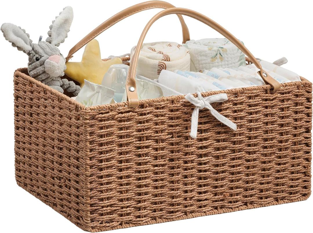 Angelhood Large Paper Rope Diaper Caddy, Baby Essentials Organizer, Portable Baby Shower Baskets Gift Bin, Car Storage Bag for Nursery