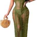 Women Sexy Crochet Swimsuit Cover Up Halter V Neck Backless See Through Long Maxi Dress Summer Beach Bikini Cover Ups (Small)