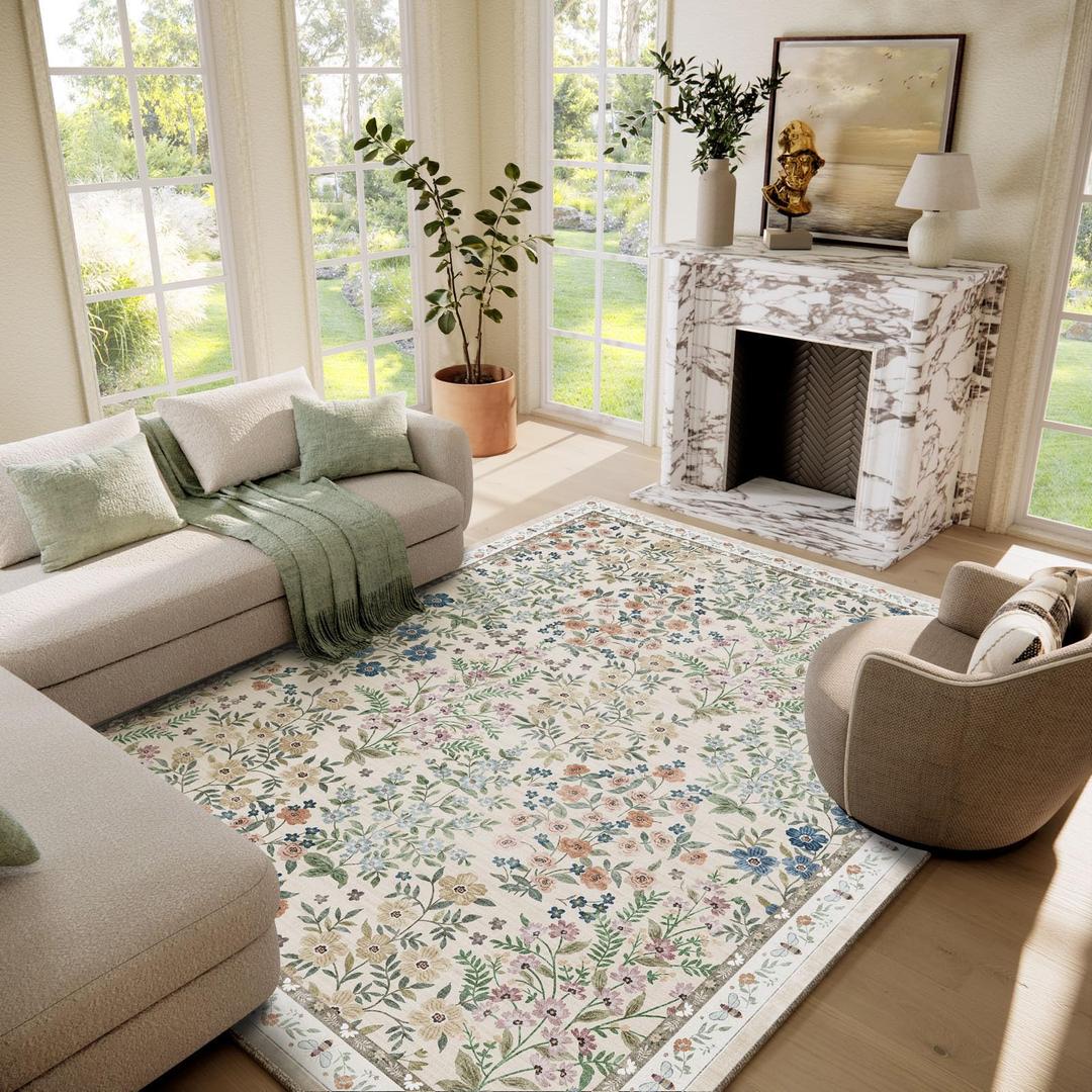 Machine Washable Rugs for Living Room: 6x9 Area Rugs for Bedroom Vintage Stain Resistant Non Slip Low Pile Soft Carpet Rug for Kitchen Dining Room Farmhouse Kids Room Nursery Playroom