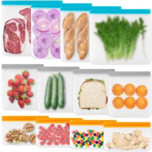 12 Pack Reusable Freezer Bags Dishwasher Safe, Leakproof Food Storage Bags, Silicone Bags for Food Storage Home Organization (4 Reusable Snack Bags 4 Sandwich Bags 4 Gallon Freezer Bags) (Frosted Clear)
