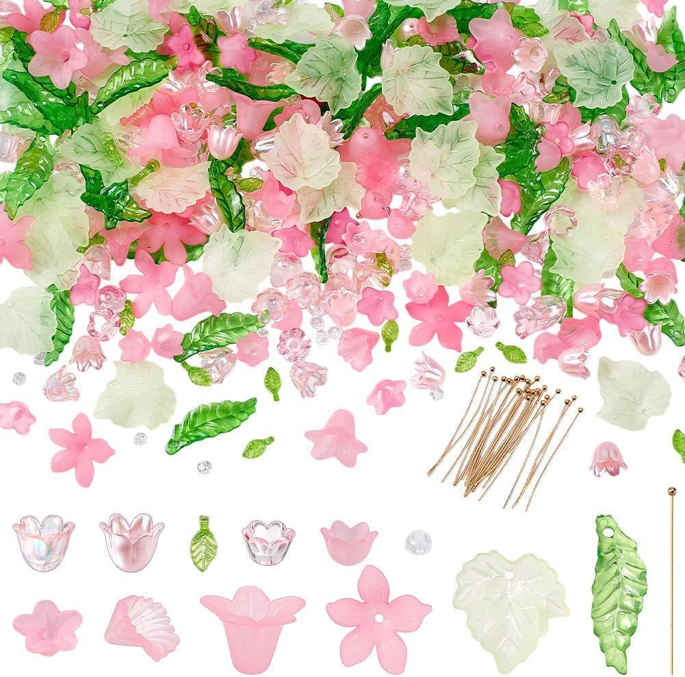 NBEADS 417 Pcs Acrylic Assorted Beads Kit, Frosted Flower Beads Caps Maple Leaf Acrylic Pendants Leaf Loose Beads Earring Making Kit with Faceted Glass Beads Brass Ball Pins for Jewelry Making