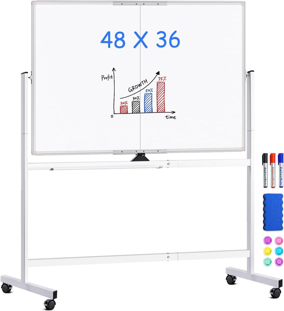 Maxtek Rolling Whiteboard 48 x 36 in Large Magnetic White Board on Wheels