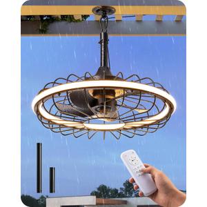 EDISHINE 20" Outdoor Ceiling Fan with Light, 3CCT Dimmable Waterproof Caged Fan Remote, 5 Blades 6 Wind Speeds Reversible DC Motor, Plug in Hanging Hook Quiet Gazebo Fans for Patios, Porch, Pergola