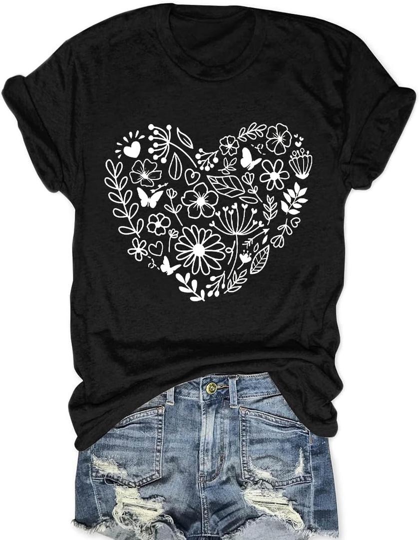 Women Boho Wildflower Shirts Funny Flower Plant T Shirt Cute Daisy Graphic Tees Short Sleev Vacation Tops (X-Large)R-Black