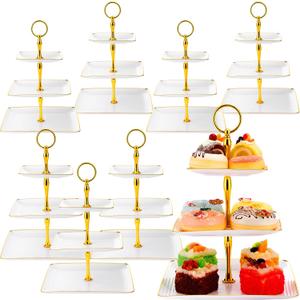 Teenyyou 8 Pack 3 Tier Cupcake Stand Bulk White Tiered Dessert Stand Thick Plastic Square Serving Tray with Gold Edges Dessert Table Display Set Tea Cake Holder for Wedding Birthday Party