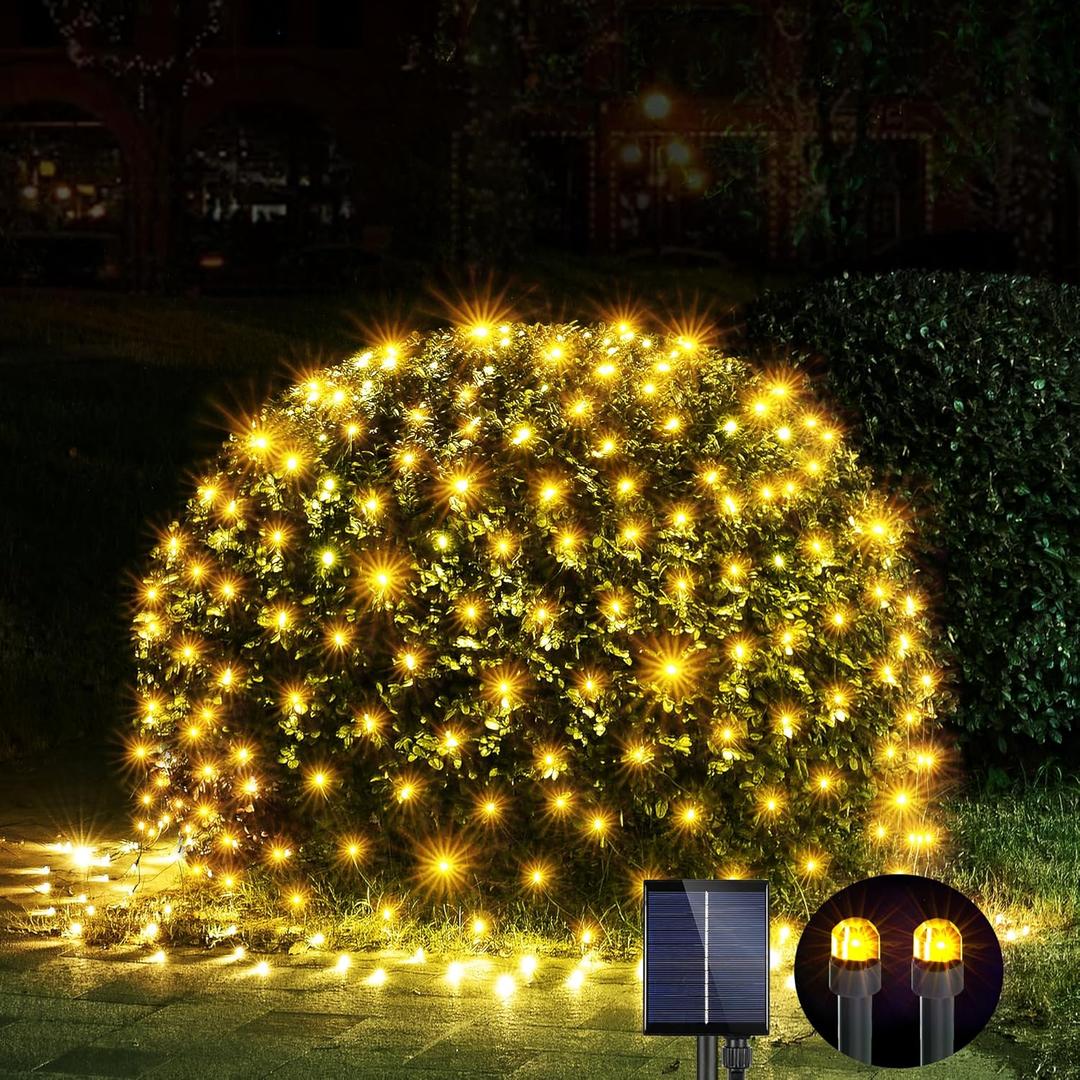 WBao Solar Christmas Net Lights 200LED F8 Big Bulbs, 8.4ft x 5.2ft Christmas Bushes Lights with Remote Control, 8 Modes, Timer, Waterproof for Lawn, Bushes, Trees Outdoor Xmas Decorations, Warm White