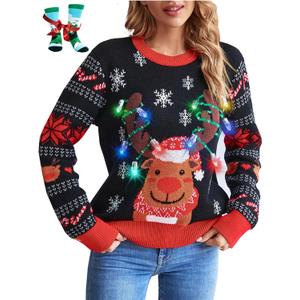 LANPULUX Christmas Sweater for Women Crewneck Adorable Ugly Christmas Sweater Family Matching Outfits Loose Pullover Knitwear (Small, Light Up)