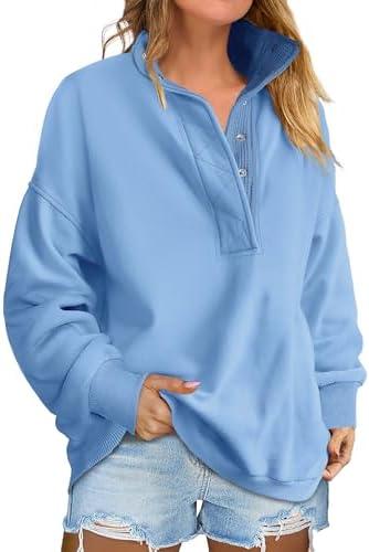 ANRABESS Women's Oversized Sweatshirt Mock Neck Henley 2026 Fall Outfits | Soft Fleece Button Up Pullover Tops,Loose Drop Shoulder Fit,School ＆Daily Casual Outfits, Fall Winter Clothing, M, Blue