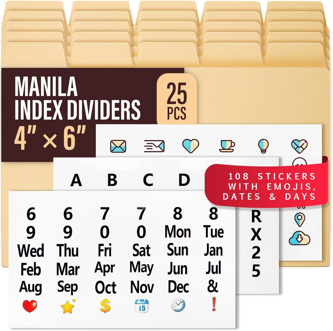 25 Heavyweight Manila Index Card Dividers 4x6 - Index Organizer Dividers with Tabs & 108 Stickers for Recipe, Note, Monthly Index Cards 4x6 & Card Stock
