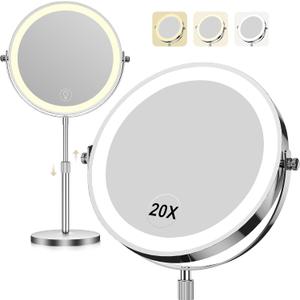 Makeup Mirror with Lights, 1x/20x 360 Rotation Vanity Mirror, Brightness Adjustable Lighted Makeup Mirror with Magnification, 5000 mAh Rechargeable Double Sided Mirror with 3 Colors, Gift for Women (Chrome)