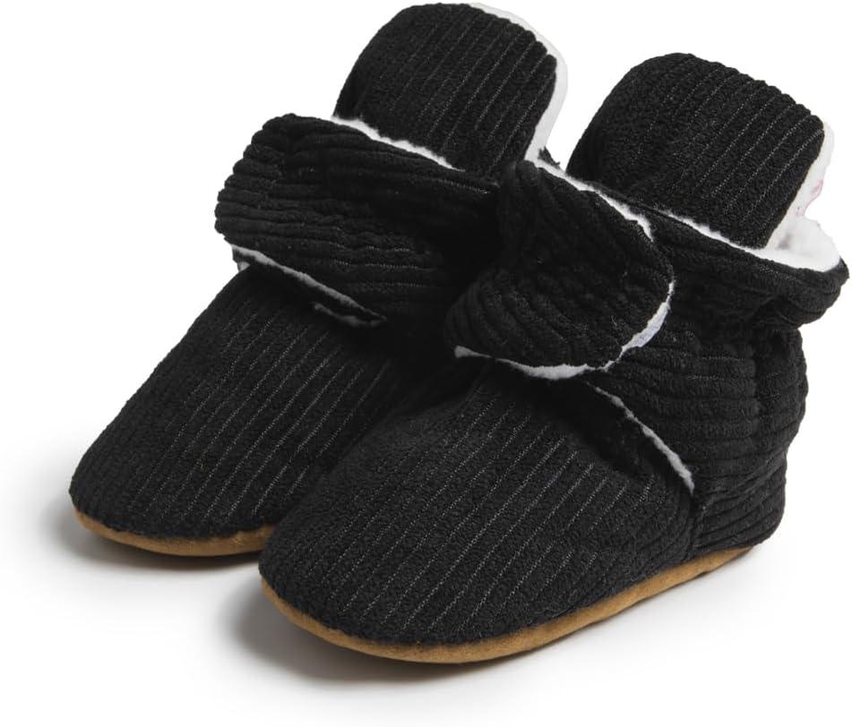 Miamooi Infant Baby Girls Boys Cotton Booties Newborn Winter Warm Fleece Cozy Slippers Toddler Non-Slip Ankle Boots First Walker Crib House Socks Shoes 3-18 Months (Black)
