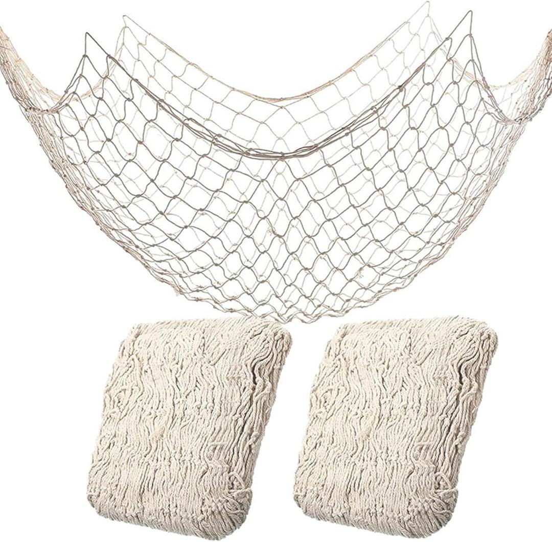 2 Pack Fish Net Decorations for Party, Natural Cotton Hawaiian Party Fishing Net Decorative, Nautical Themed Cotton Fishnet Under The Sea Pirate Ocean Beach Decor