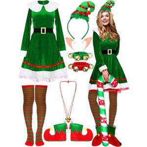 Nuanchu 14 Pcs Women Christmas Elf Costume Set Christmas Velvet Dress Santa's Helper Costume Outfit for Xmas Party Cosplay (Medium)