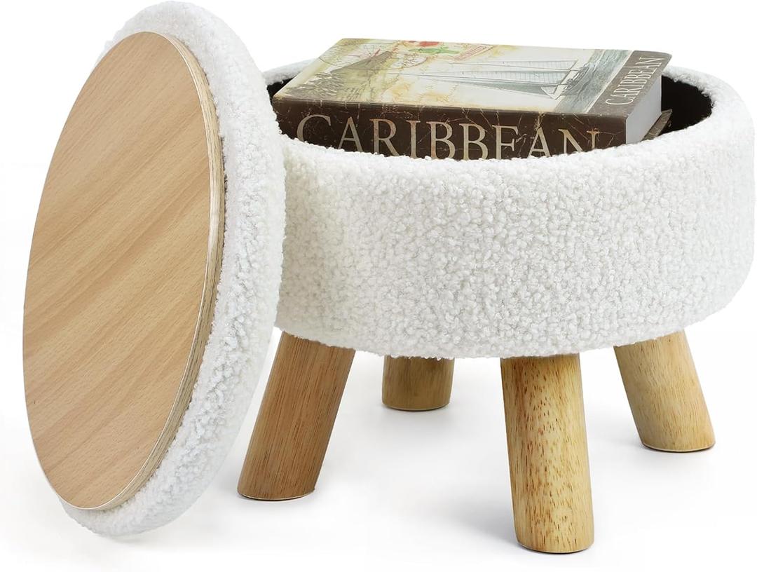 OGEMXU Ottoman Foot Rest, Small Round Ottoman with Storage, Boucle Teddy Velvet Footstool with Wood Legs, Soft Sponge Storage Ottoman for Living Room, Bedroom, Couch, Enterway (Cream)