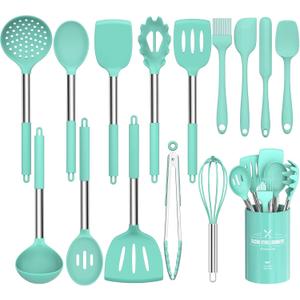 Silicone Cooking Utensil Set, Umite Chef 15pcs Silicone Cooking Kitchen Utensils Set, Non-stick - Best Kitchen Cookware with Stainless Steel Handle - Green