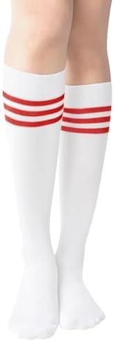 Nirohee Women's Tube Socks with Three Striped Soft Cotton Tube Socks, Fashionable Thigh High Socks for Women, Striped Knee High Socks Suitable for Entertainment and Sports White Red