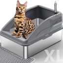 Stainless Steel Litter Box, Extra Large Litter Boxes for Big Cats, XL Metal Cat Litter Box with Lid, Anti-Urine Leakage, Non-Sticky, Include Cat Mat and Litter Scoop (Gray)