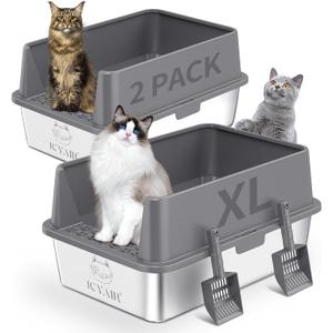 2PACK Stainless Steel Cat Litter Box with High Sides Lid, Extra Large XL Litter Box for Big Cats, Metal Kitty Litter Boxes with Anti-Leakage Enclosure,Non-Stick,Odorless,Scoop Included (2PK-Dark Grey)
