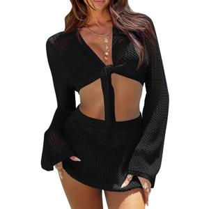 Fisoew Womens Crochet Swimsuit Coverups 2 Piece Bathing Suit Cover Up Long Sleeve Tie Front Crop Top Mini Skirt Sets Black Large