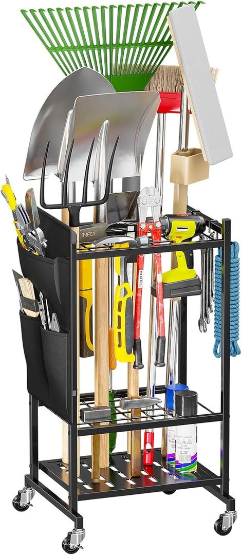 SUFAUY Garden Tool Organizer, Rolling Heavy-Duty Garage Tool Stand, Yard Storage Rack with Casters and Hooks, Black