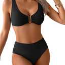 Eomenie Bikini Sets for Women High Waisted Two Piece Bathing Suit U Wired V Neck Swimsuit Adjustable Straps Swimwear Black Large