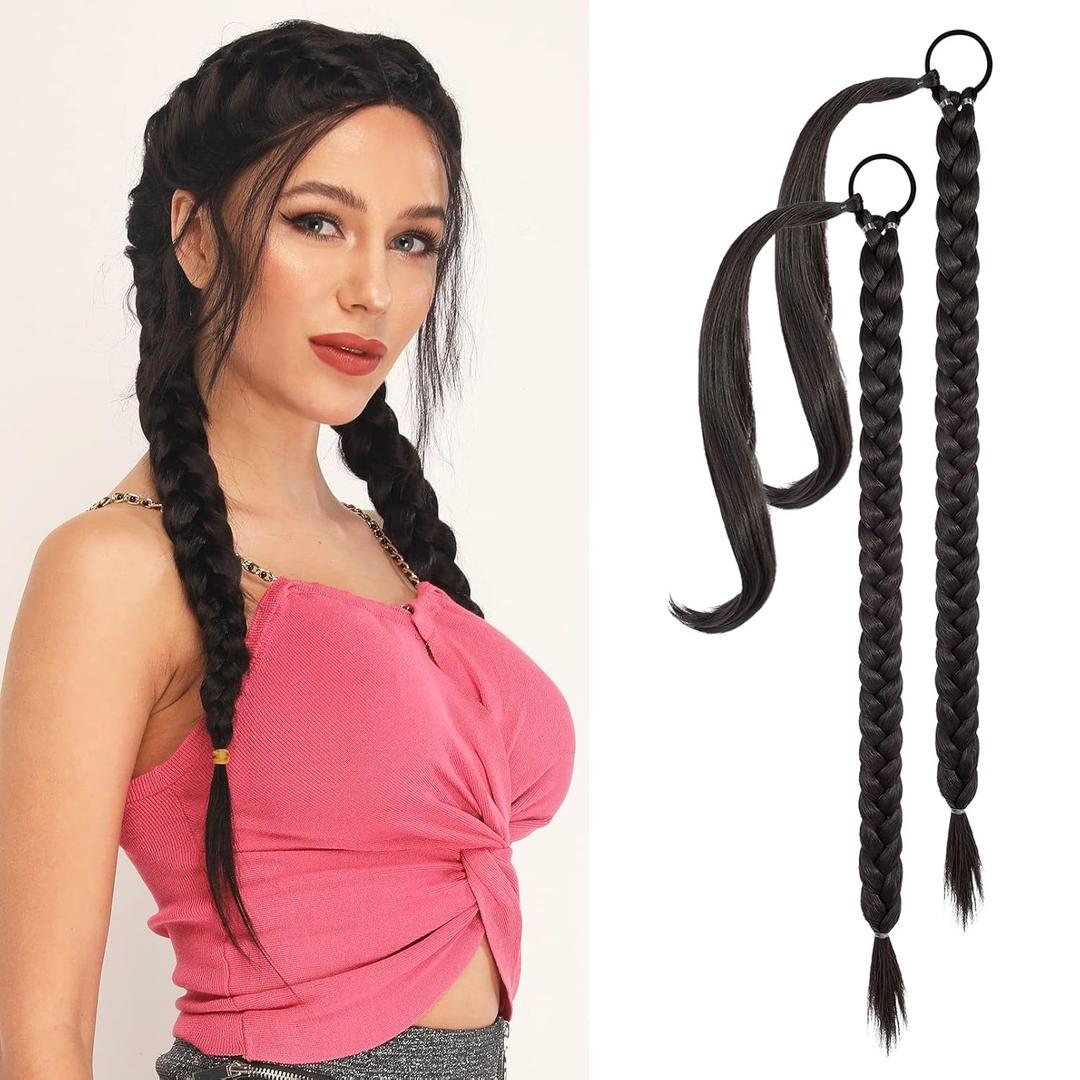 YOGFIT 2PCS DIY Braid Ponytail Extension, Long Straight Wrap Around Ponytail Hair Extensions Natural Soft Synthetic Hairpieces for Women Daily Wear (28 Inch, Black Chocolate Brown)