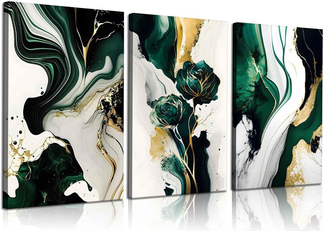 3Pcs Framed Emerald Green Wall Art, Modern Green and Gold Abstract Marble Canvas Wall Art Paintings Prints Posters Wall Decor Pictures for Living Room Bedroom Office Home Decoration, Ready to Hang (16x24in)