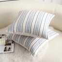 Cethom Decorative Boho Throw Pillow Covers, Farmhouse Textured Pillow Case, 18 x 18 Inch Set of 2, Chair Sofa Bedroom Living Room Home Decor Couch Cushion Case, Classic Blue and Beige Striped