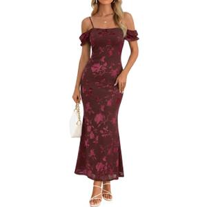 MEROKEETY Women's 2026 Summer Off The Shoulder Spaghetti Strap Floral Mesh Wedding Guest Cocktail Formal Party Maxi Dresses (Red, XL)