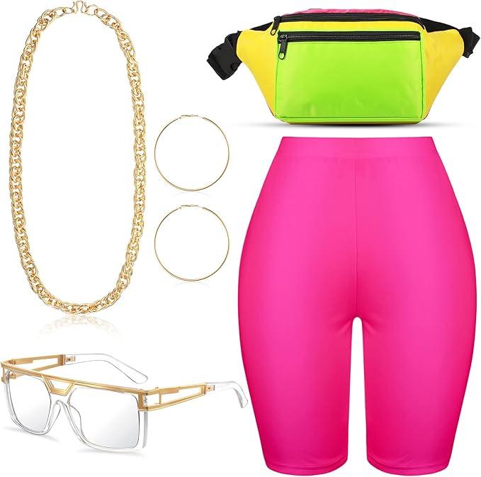 80s 90s Hip Hop Woman Costume Kit Women's Yoga Shorts Waist Fanny Pack Rapper Sunglasses Rope Chain Earrings, Size S