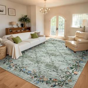 GarveeHome 10x13 Washable Floral Area Rugs for Living Room: Modern Floral Non Slip Large Area Rugs for Bedroom, Large Machine Washable Living Room Low Pile Carpet with Non-Slip Backing Green 10'x13'.