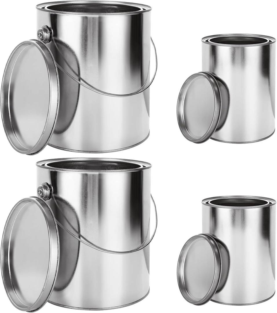 Acrux7 4 Pack Empty Paint Cans with Lids, 1 Gallon Paints Can with Lid & Handles (2) + 2 Quart Paints Can with Lid (2), Metal Unlined Paint Bucket Storage Containers for Painting, DIY Crafts