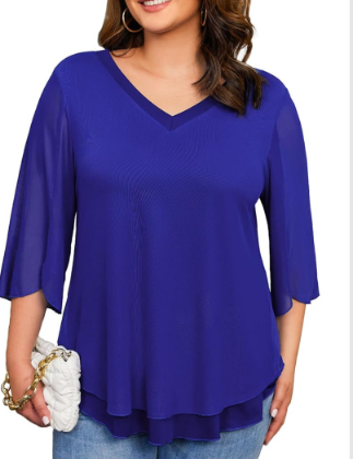 Plus Size Blouses for Women Ruffle 3/4 Sleeve Tops V Neck Casual Elegant Women's Tunic Top Mesh Loose Shirts XL