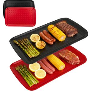 17 Inch Grilling Prep & Serve Trays with Non-Slip Base, Extra Thick,Warp-Resistant BBQ Platter Set for Cooking, Backyard Parties,Camping,Melamine Serving Trays for Food Prep,Red & Black