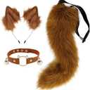 Furry Animal Cat Fox Tail Faux Fur Wolf Ear Headband Leather Neck Chocker Costume Set for Party Halloween Cosplay (Brown)