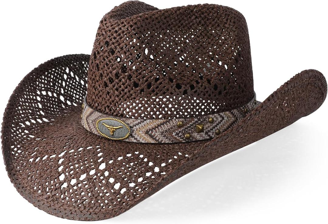WQWOVRVO Cowboy Hat,Cowgirl Hat,Cowboy Hats for Women/Mens/Straw Wide with Shapeable Brim Western Cowboy Hat for Womens (Brown)
