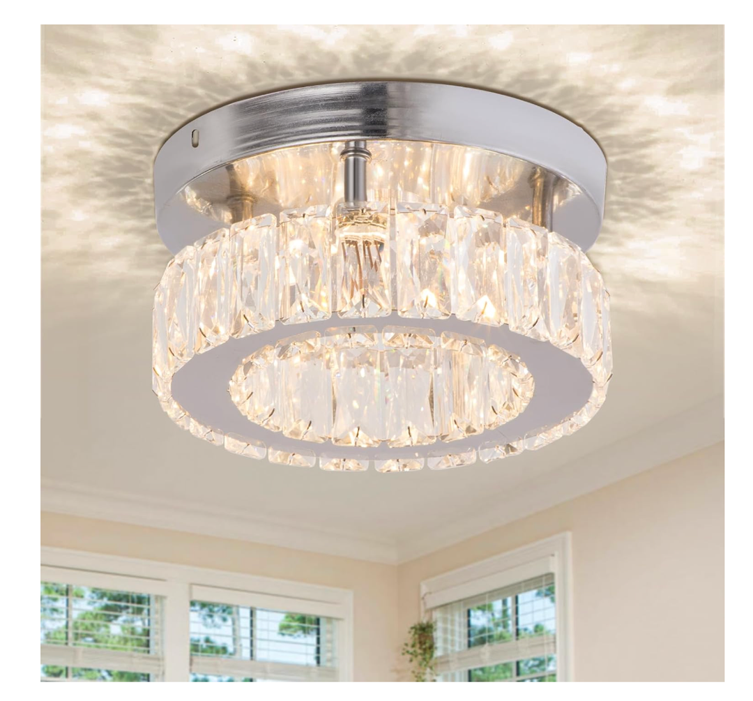 Modern Crystal Chandelier Mini Round Flush Mount Ceiling Light Fixture Small LED Crystal Ceiling Light for Hallway Foyer Living Room (Warm White)