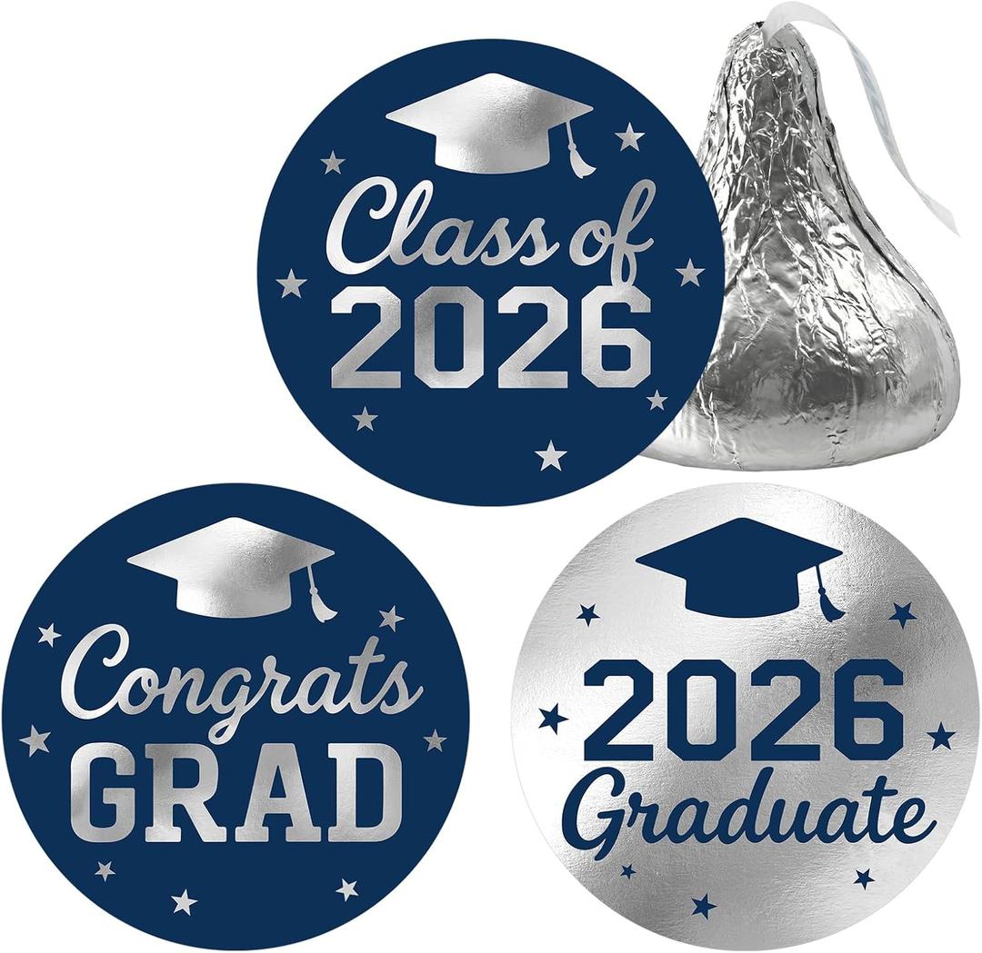 3 x Anwyll 240Pcs Graduation Candy Kisses Stickers Class of 2026 Stickers 0.75'' Graduation Party Favors Decoration Sticker Self Adhesive Congrats Grad Sticker for Senior College Chocolate(Blue&Silver)