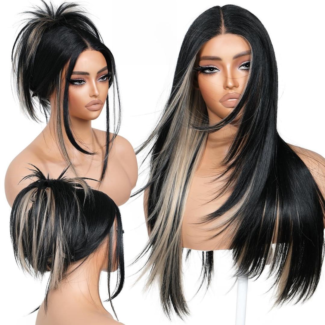 BrownBomb Black Blond Skunk Stripe Wear and Go Glueless Wigs Pre Plucked Pre Cut for Beginners Synthetic Lace Front Wigs With Bangs Long Straight layered Wigs Highlights 26 Inch 3 Seconds to Wear