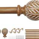 Wood Curtain Rod for Windows 48" to 84" Adjustable Heavy Duty Curtain Rod with Imitation Wood Grain Leaf Pattern Finials, Boho Single Curtain Rod for Living Room, Bedroom, Kitchen, Farmhouse