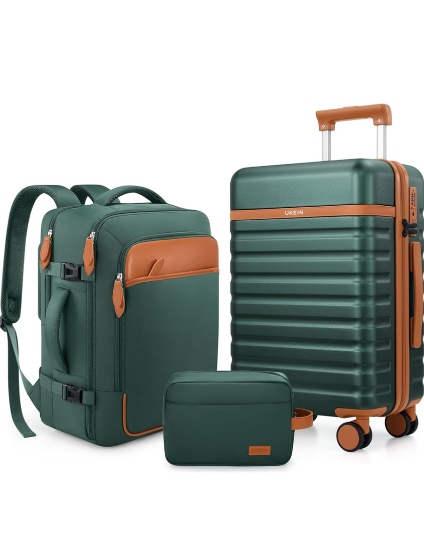 Luggage Sets 3 Piece, Carry On Luggage 20In With Spinner Wheels,PC Hardside Suitcase Set with TSA Lock,Durable Carry On Suitcase With Travel Backpack for Men (Green, 3 piece set (20inch))