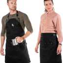 Under NY Sky Barista Apron - Black Leather Straps and Reinforcement - Riveted Pockets - Double Stiched - Leather Ring Loop - Professional Black Twill - Double as Half Bistro Apron - Chefs, Bartender