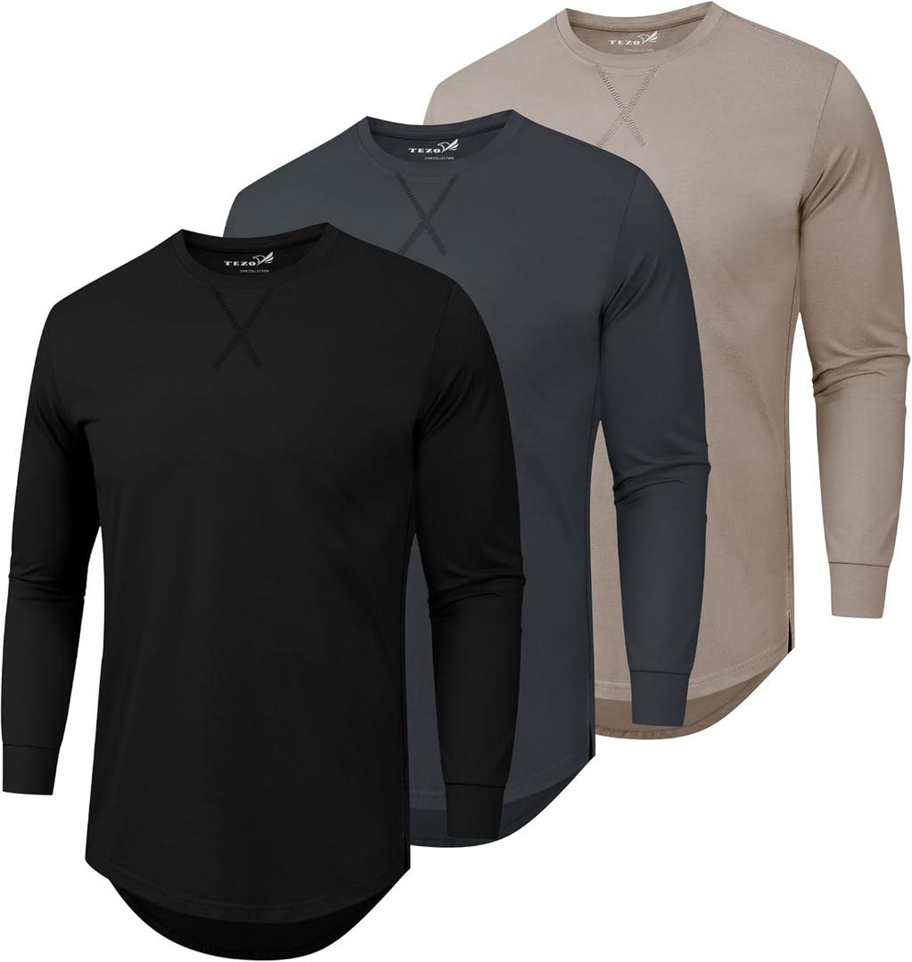 Mens 3 Pack Plain Cotton Shirts Short Sleeve Casual Crew Neck T-Shirts Hipster Hip Hop Longline Tees Drop Cut Curved Hem (XXXL)