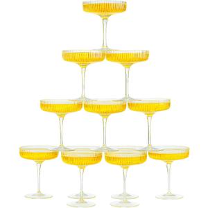 Khen Crystal Glass Ribbed Vintage Art Deco Coupe - 8oz. Set of 12 Crystal Glasses - Weddings & Parties, Champagne Tower, Hosting Essentials, Champagne & Cocktail Goblet Stemmed Ripple Coupes Glassware